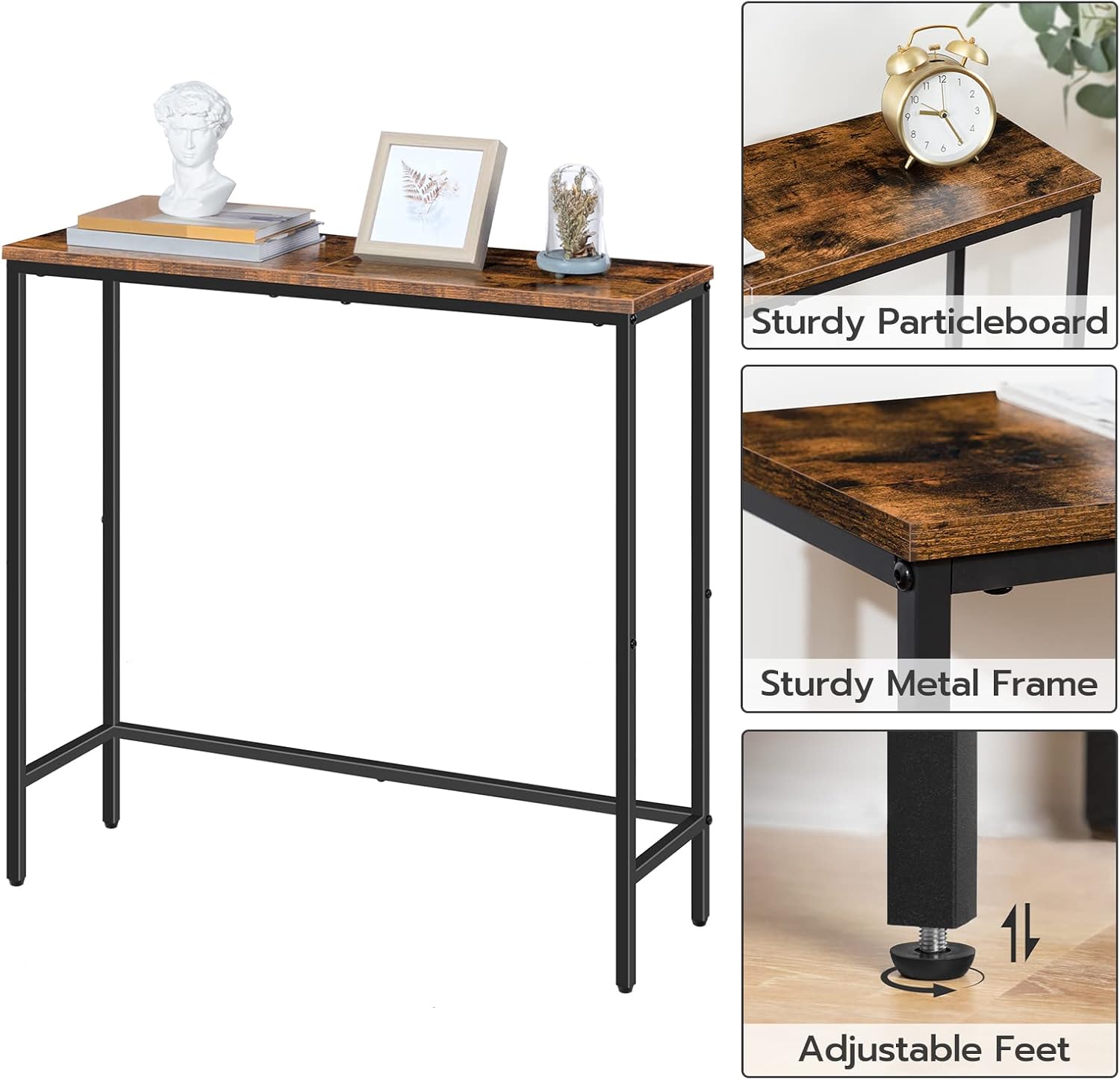 HOOBRO Narrow Console Table 75 cm Entryway Table, Small Sofa Side Table, Rustic Brown & Black BF75XG01