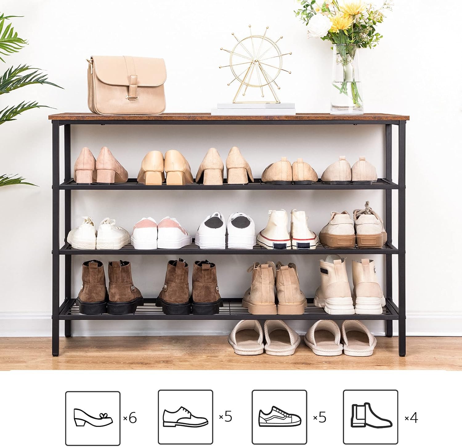 HOOBRO 4-Tier Industrial Shoe Rack Storage Organizer with Metal Mesh Shelves, Rustic Brown BF04XJ01