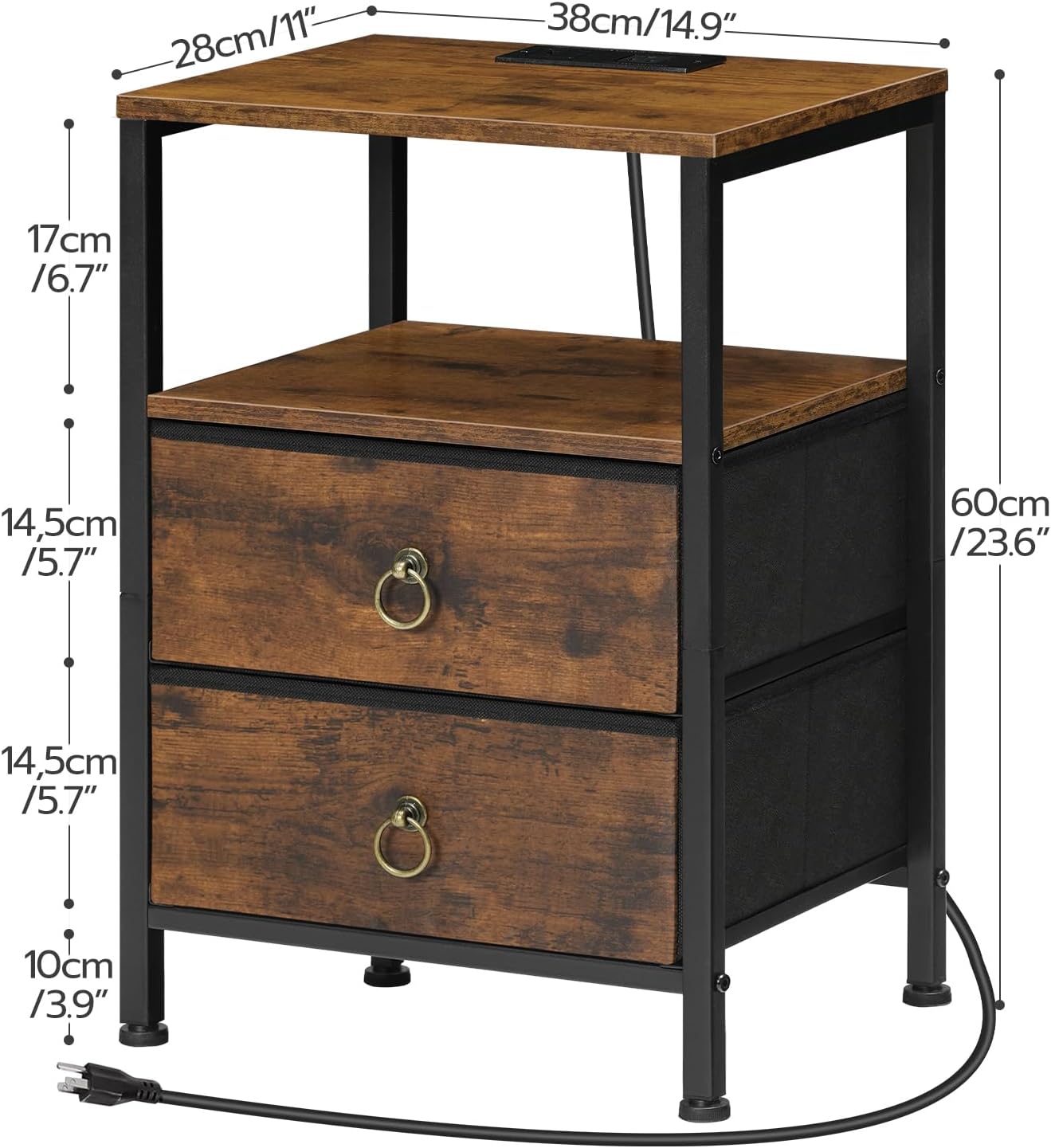 HOOBRO Nightstand with Charging Station, Bedside Table with 2 Fabric Drawers, USB & Type-C Ports, Rustic Brown & Black