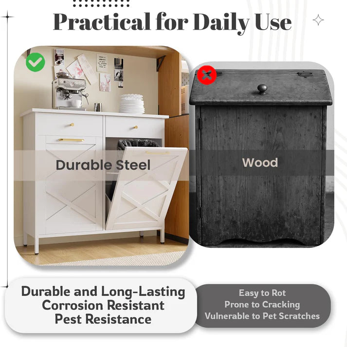 YODOLLA Double Tilt-Out Trash Can Cabinet with 2 Drawers, Hidden Kitchen Garbage Bin Storage Cabinet