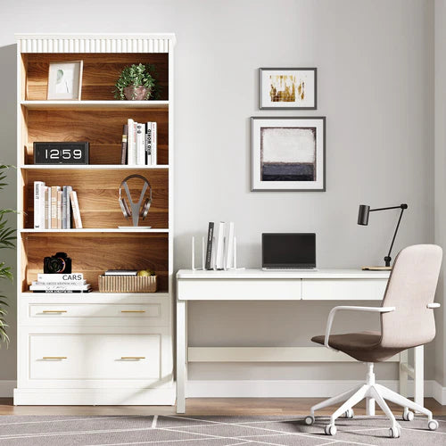 Bookshelf 72" 5-Shelf Bookcase with Drawers Freestanding Display Shelf White