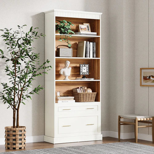 Bookshelf 72" 5-Shelf Bookcase with Drawers Freestanding Display Shelf White
