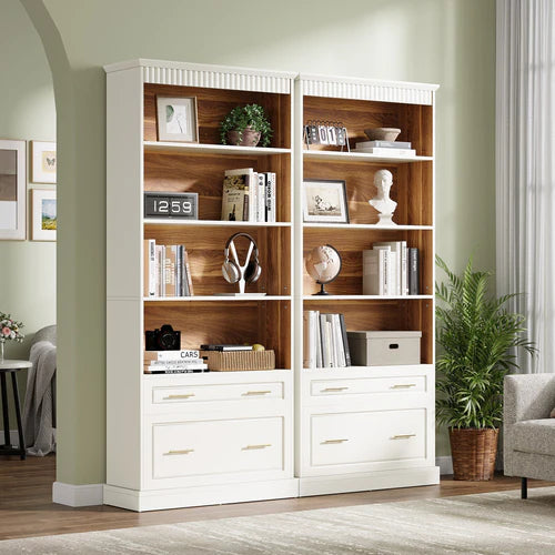 Bookshelf 72" 5-Shelf Bookcase with Drawers Freestanding Display Shelf White