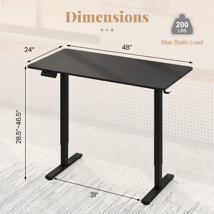 48 Inch x 24 Inch Ergonomic Electric Standing Desk with 3 Memory Settings for Home Office-Black