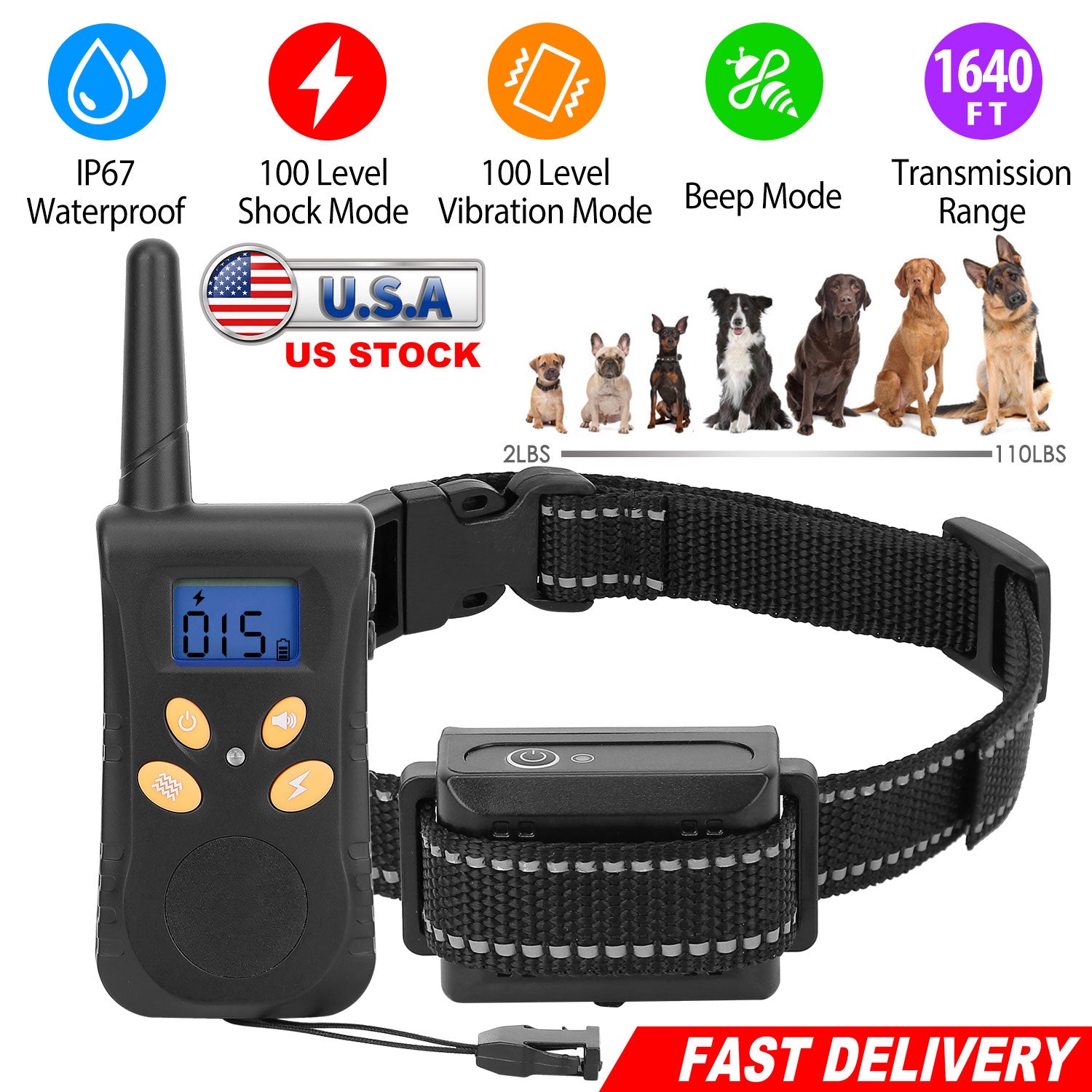 Dog Training Collar IPX7 Waterproof Pet Beep Vibration Electric Shock Collar Rechargeable Transmitter Receiver Trainer w/ Remote