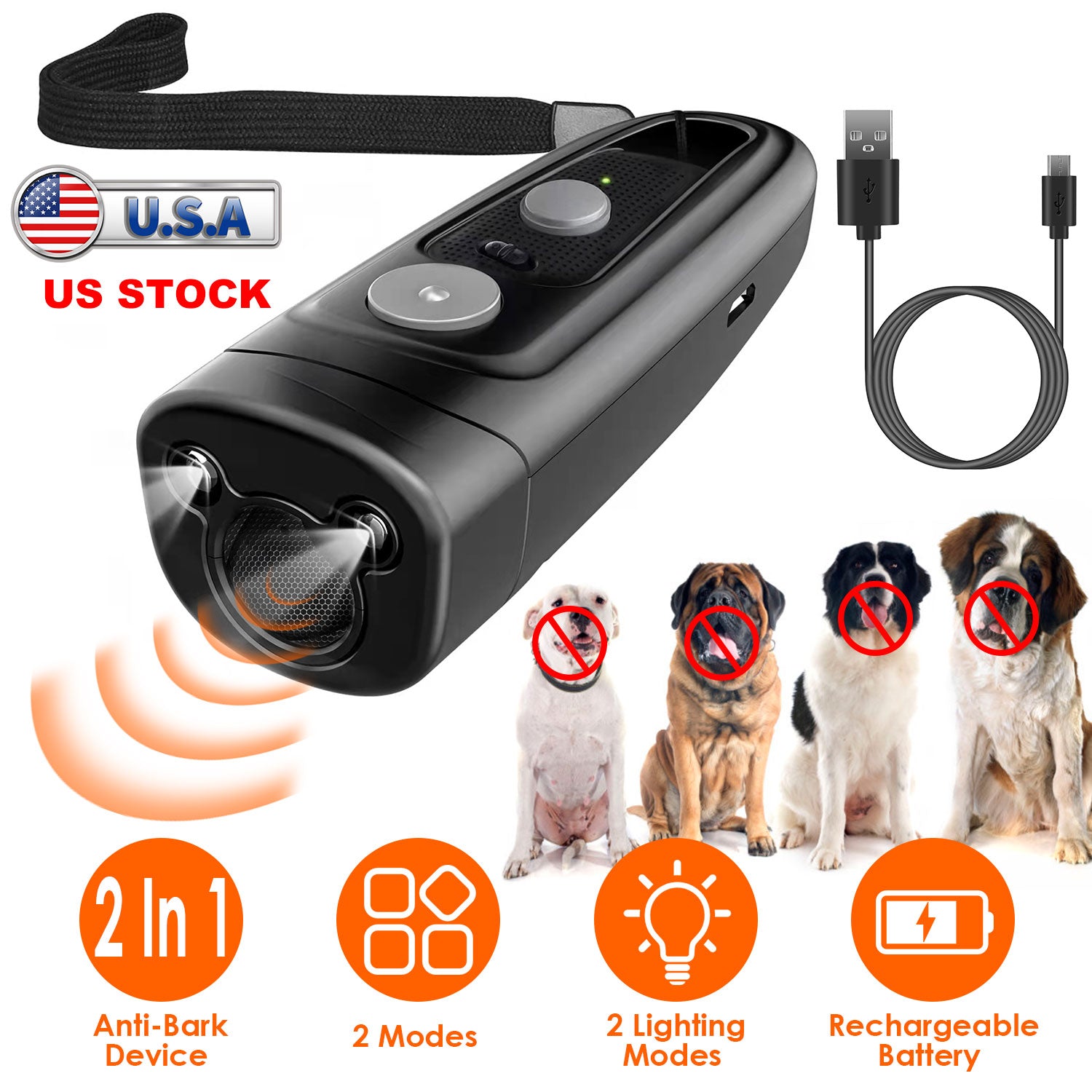 Ultrasonic Dog Anti-Bark Device 2 in 1 Rechargeable Barking Control Training Tool 32ft LED Light 2 Mode Dog Whistle Safe for Dog Human