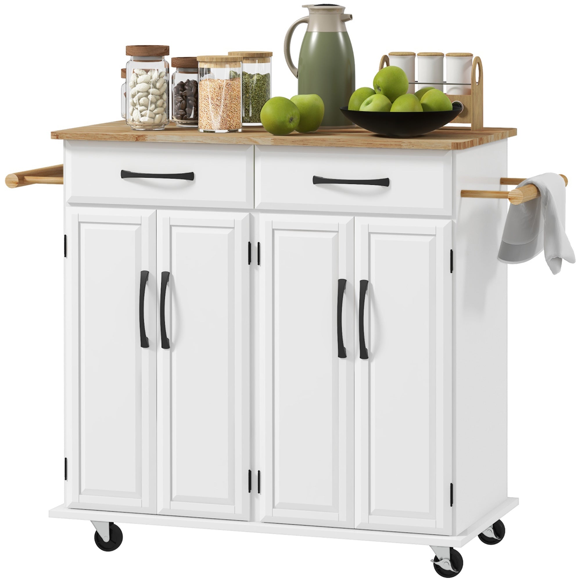 HOMCOM Kitchen Cart on Wheels: Rubber Wood Top, 2 Drawers, 4 Doors & Adjustable Shelving 