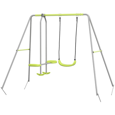 Outsunny Swing Set for Kids, Heavy Duty A-Frame Metal Swing Frame with Glider, Swing Seat, Ground Stakes for Backyard, Green 