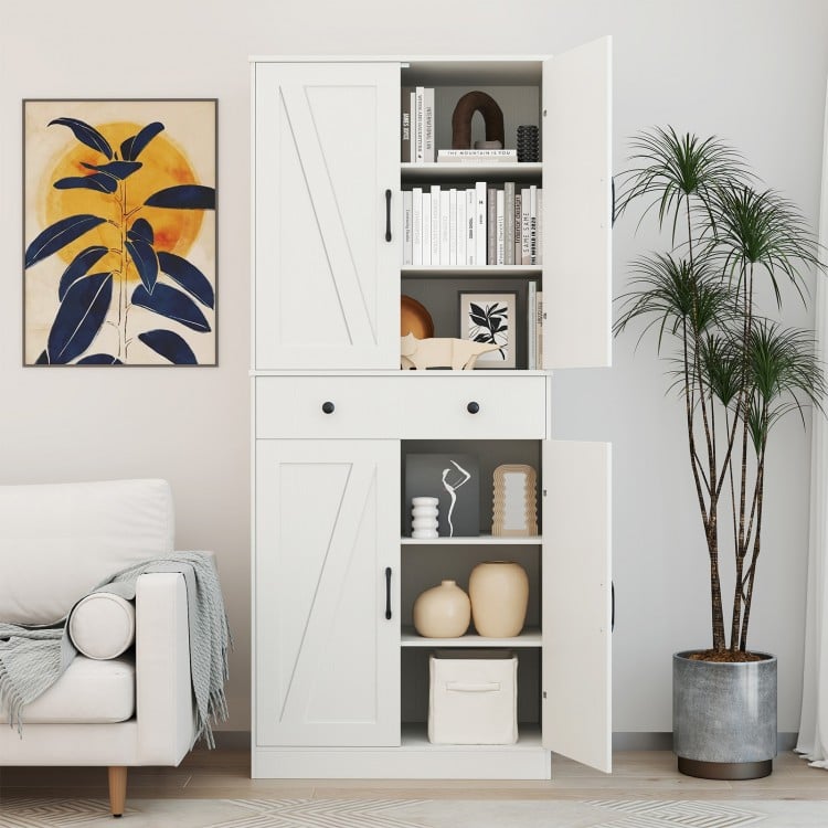 72 Inch Tall Modern Farmhouse Cupboard Cabinet with 4 Barn Doors-White