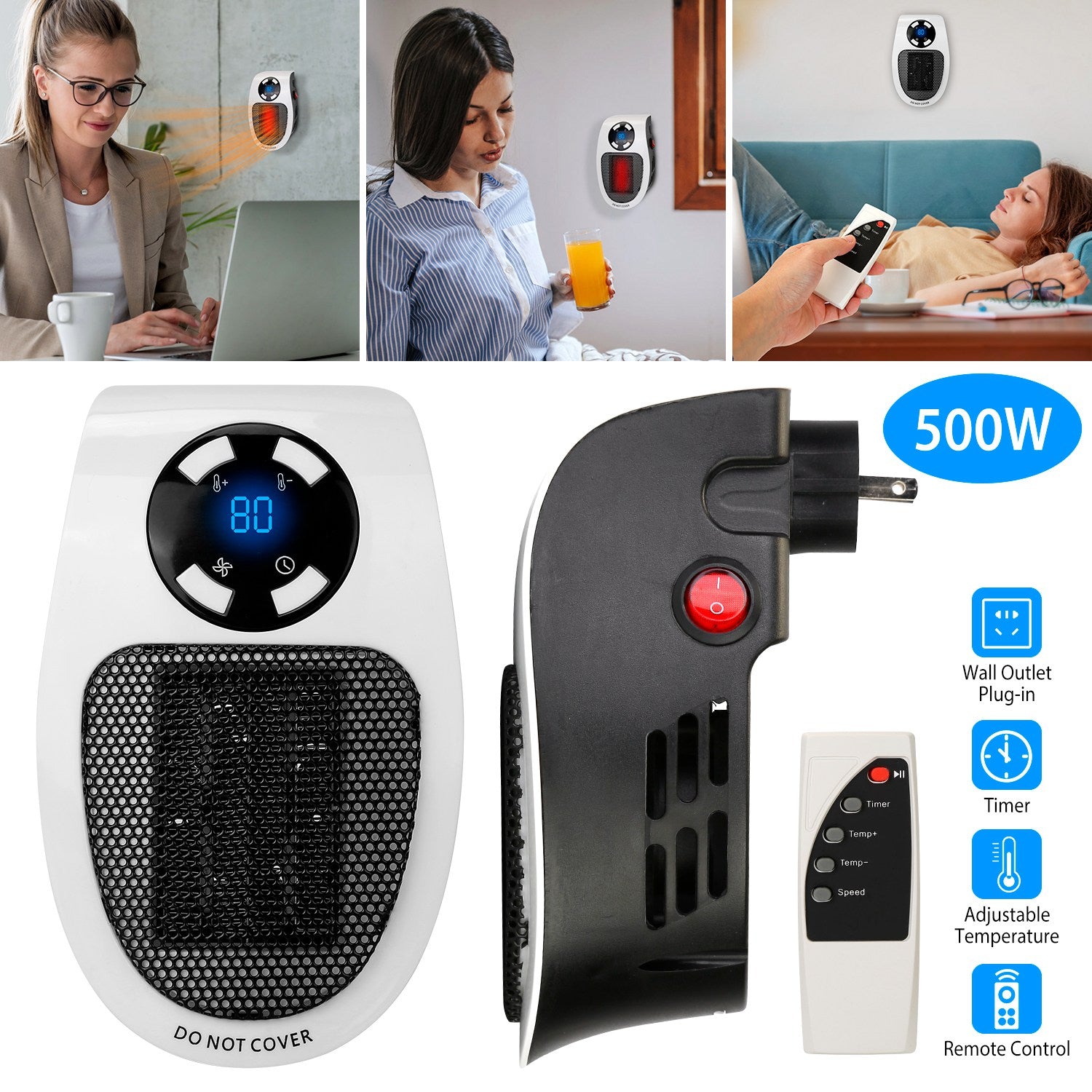 500W Portable Heater Fan Wall Outlet Space Heater Plug-in Heater Adjustable Temperature Auto Shut off w/ Remote Control