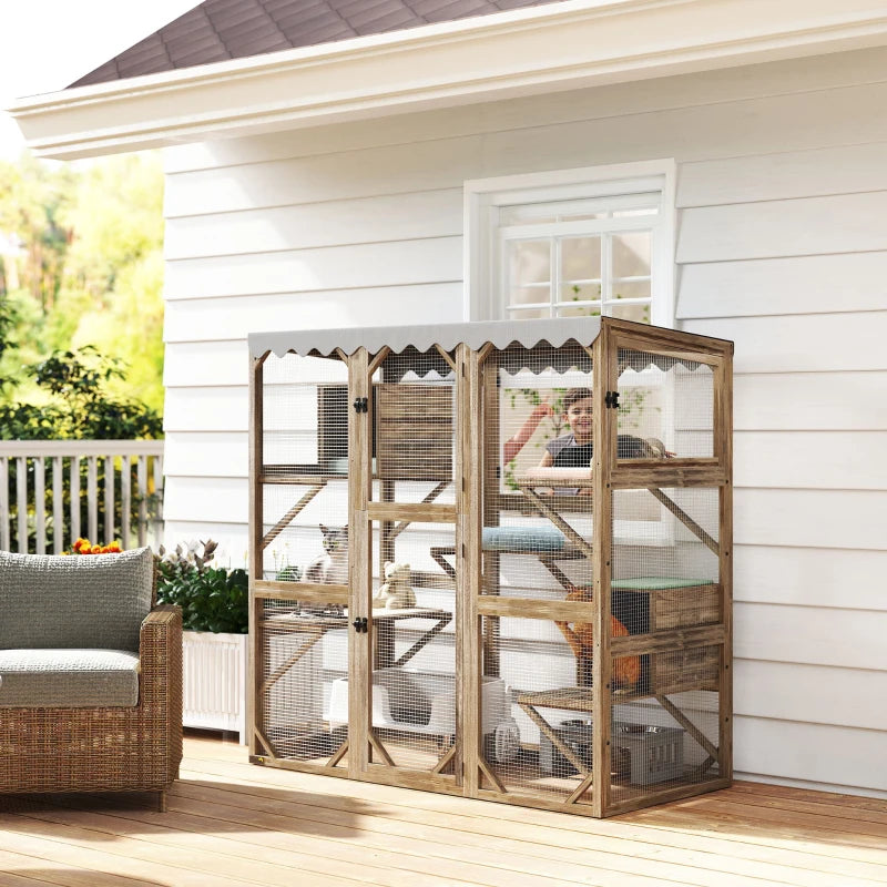 Wooden Catio Outdoor with Window Access, Waterproof Cover, Relaxing Condo, 5 Platforms, Doors, 59" x 28" x 59", Brown
