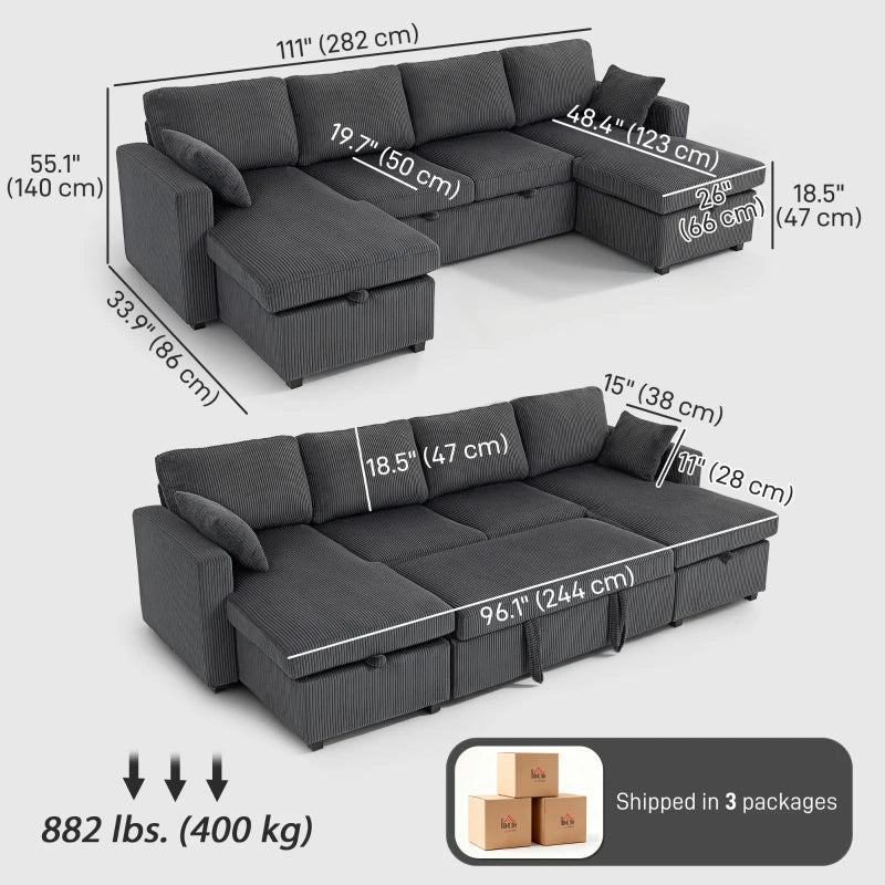 U-Shaped Convertible Sofa Bed with Storage Chaises – Dark Grey Corduroy Sleeper Couch with Pocket Springs & Pillows