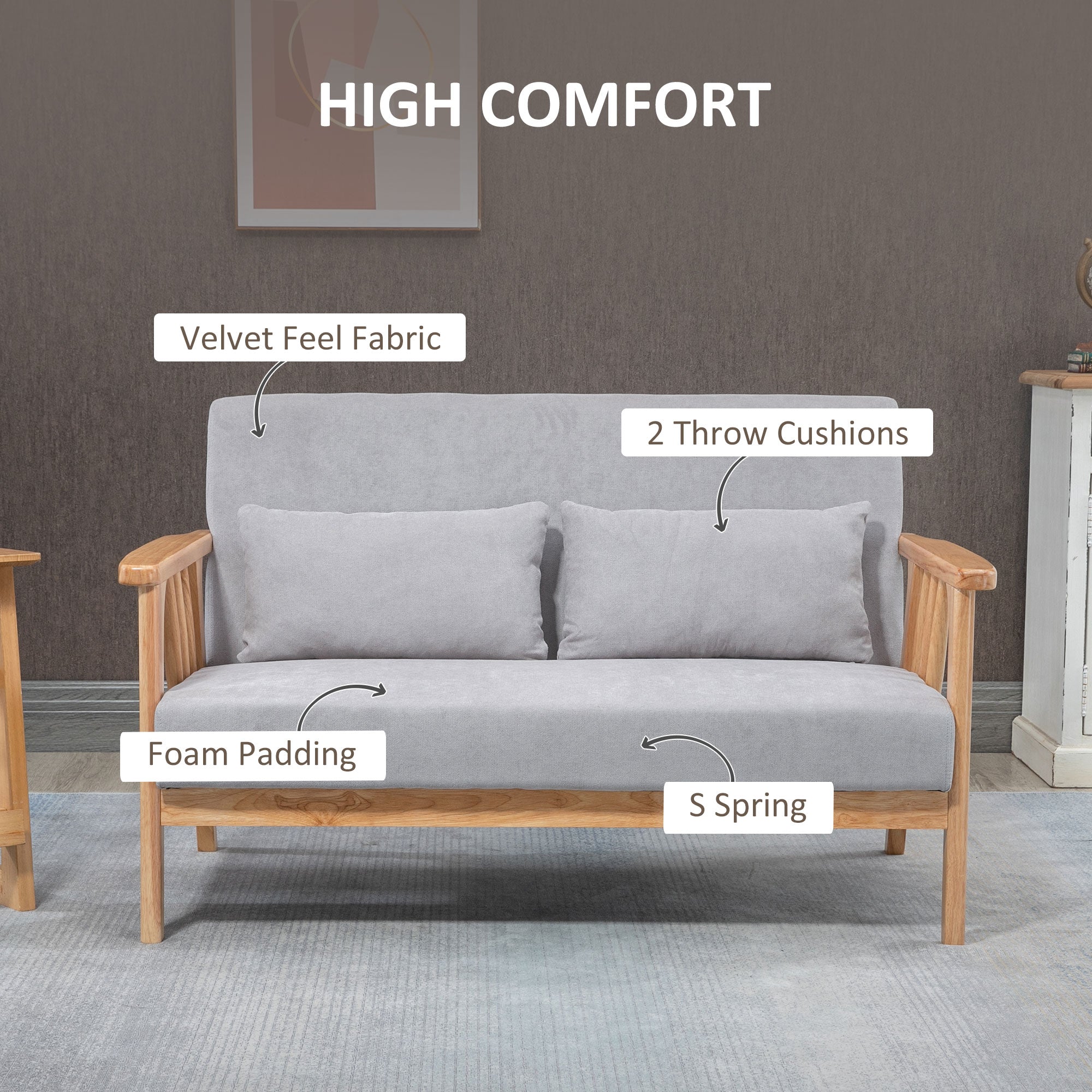 HOMCOM Loveseat Sofa 55" 2-Seater Upholstered 2 Throw Cushions Rubber Wood Frame Grey 