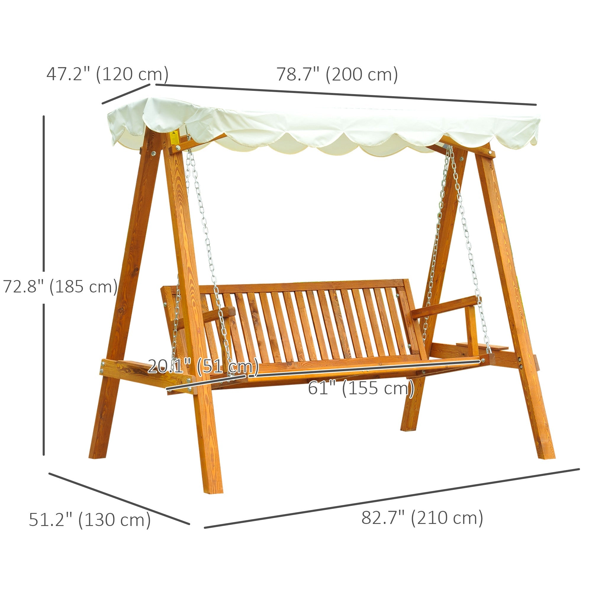 Outsunny 80" Patio Swing Chair with Canopy Outdoor Wooden Swing Bench Hammock for Garden, Poolside, Backyard 