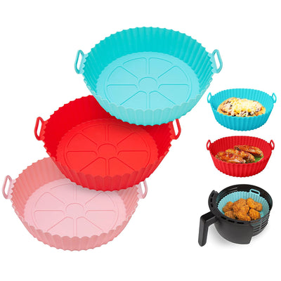 3Pcs Reusable Foldbale Air Fryer Silicone Pot 464°F Heat Resistant Round Replacement of Parchment Liners 3 Food Grade Baking Basket Pans for 4+Quart A 