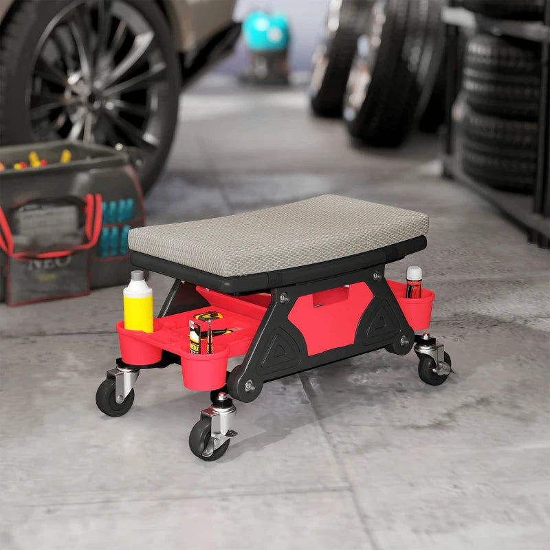 Rolling Garage Stool with Wheels, 300 LBS Capacity Padded Mechanic Stool with Tool Trays Storage, Grey