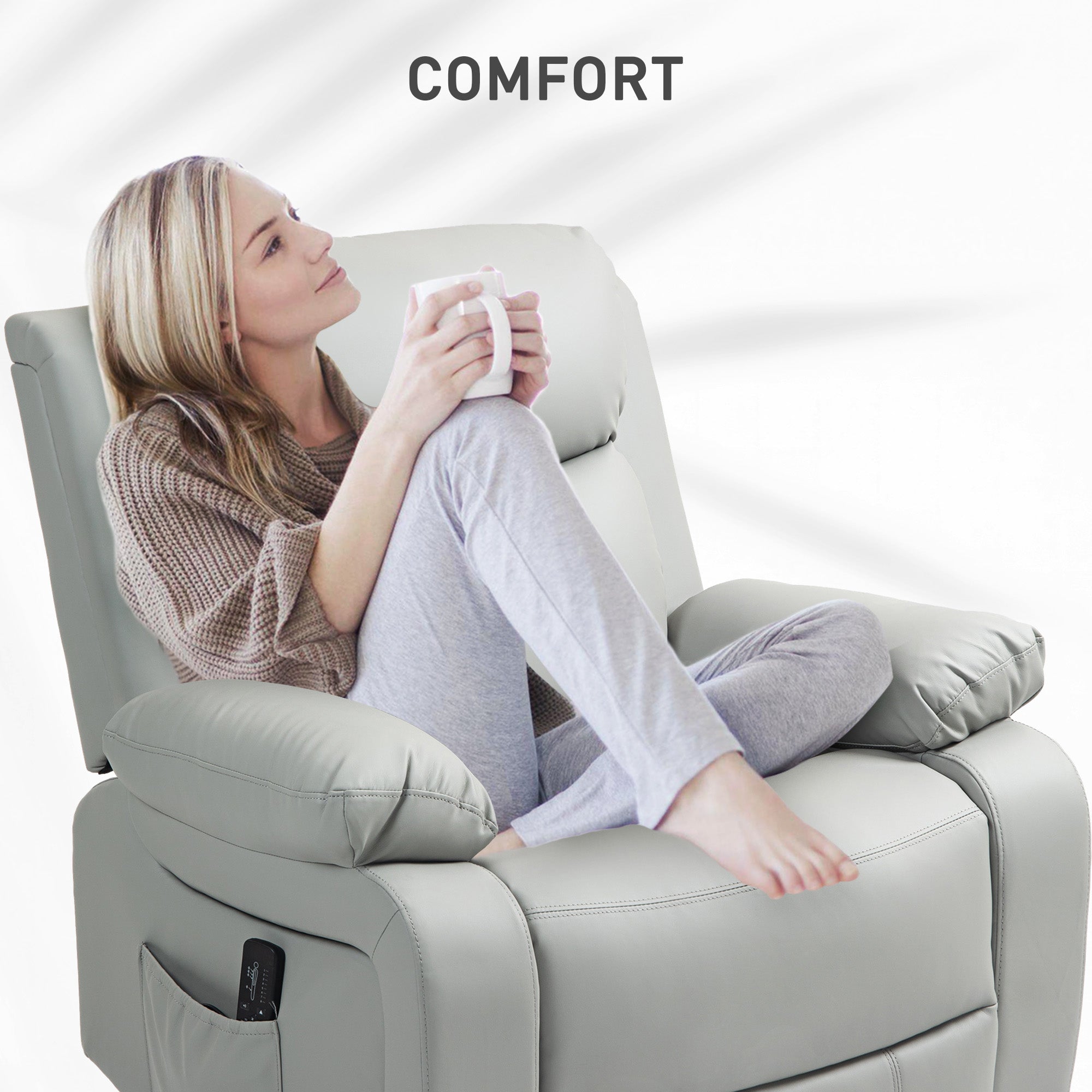 HOMCOM PU Leather Reclining Chair with Vibration Massage Rocker, Swivel Base, Rocking Function, Remote Control, Light Grey 