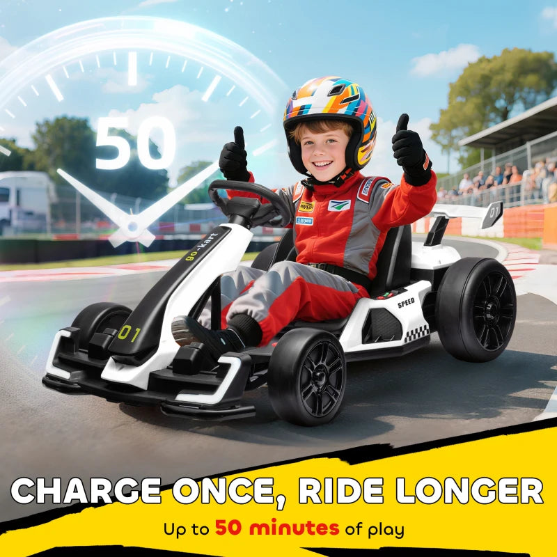 Aosom 24V Electric Go Kart, Battery Powered Kids Drift Kart with Adjustable Seat, Seat Belt, Horn, Music, Light, White