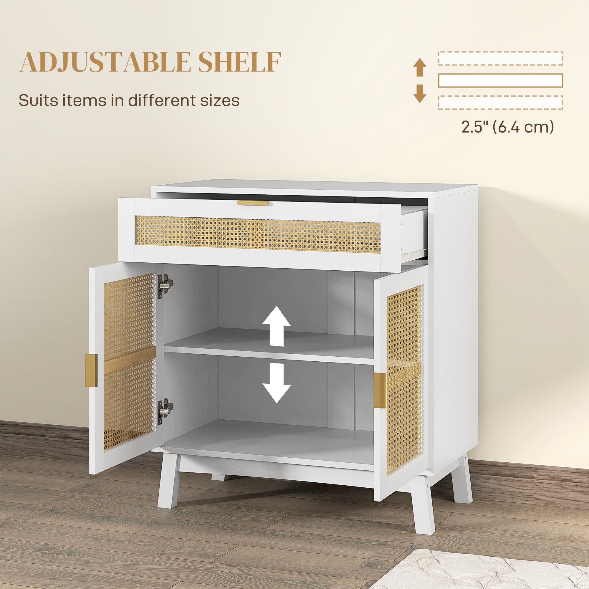 HOMCOM Boho Sideboard Storage Cabinet with Rattan Doors, White 