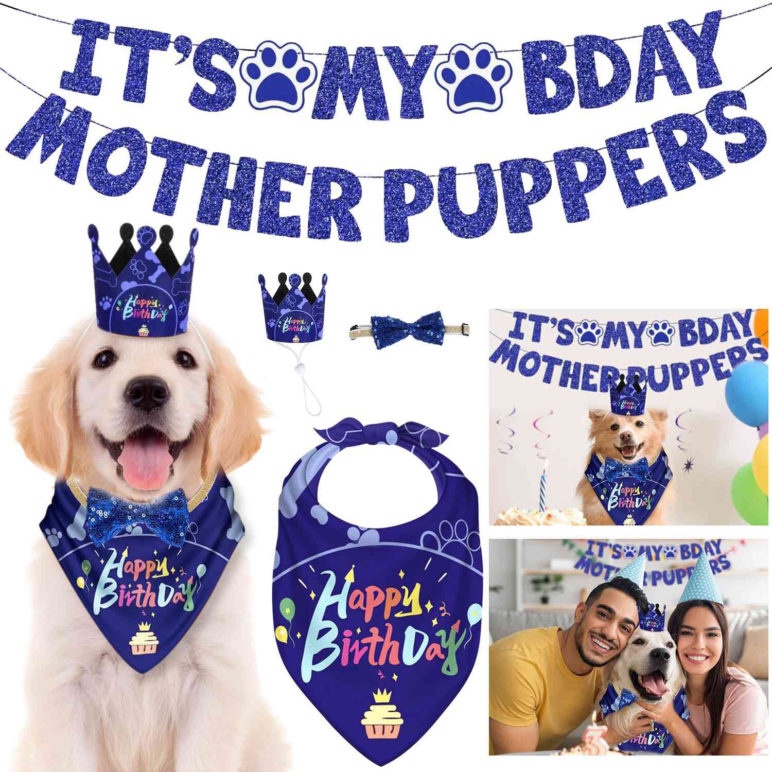 Dog Birthday Bandana Hat Set Dog Birthday Party Supplies Cute Dog Birthday Banner Decoration with Hat Bandana Bowtie 