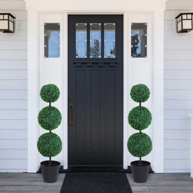 Set of 2 Artificial Ball Boxwood Topiary Trees, 44.1" Fake Plants in Pots for Outdoor Indoor Decor, Dark Green