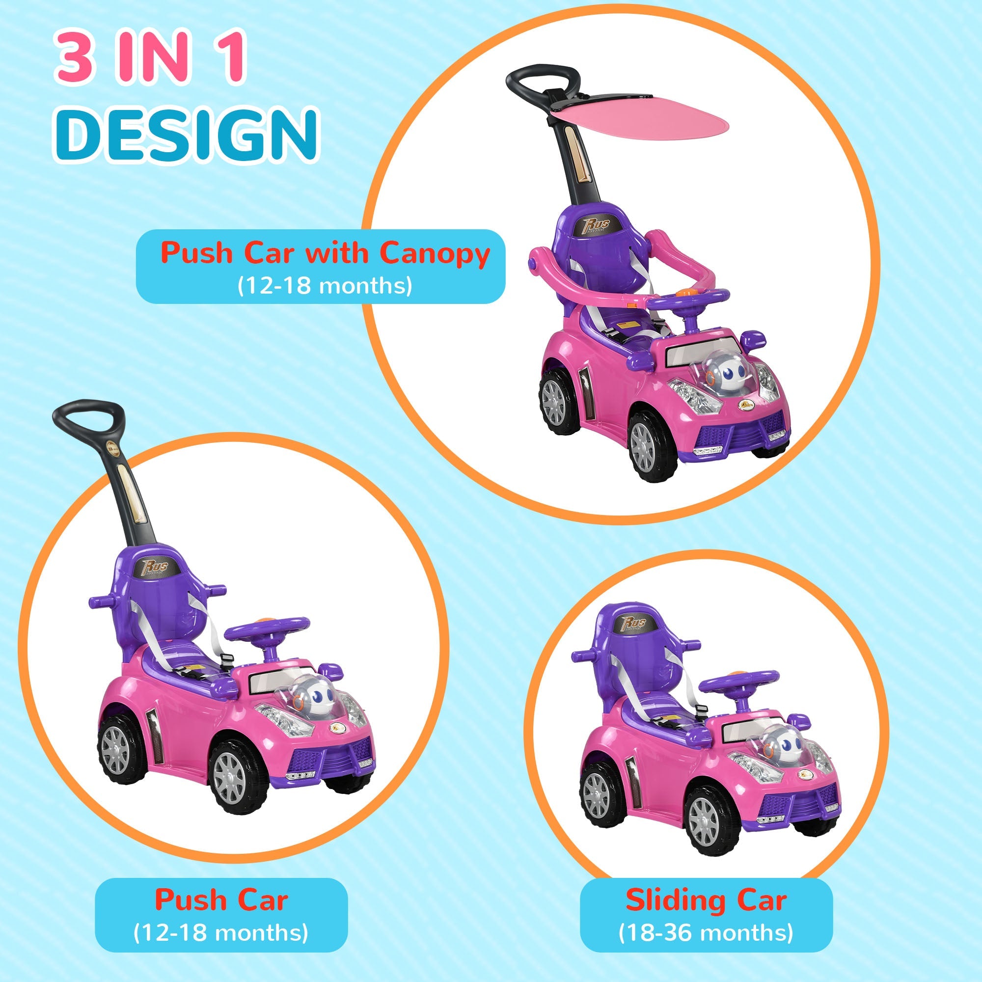 Qaba 3 in 1 Kids Push Car Toddler Sliding Car, Foot to Floor Design with Music, Light, Handle, Removable Canopy, Pink 