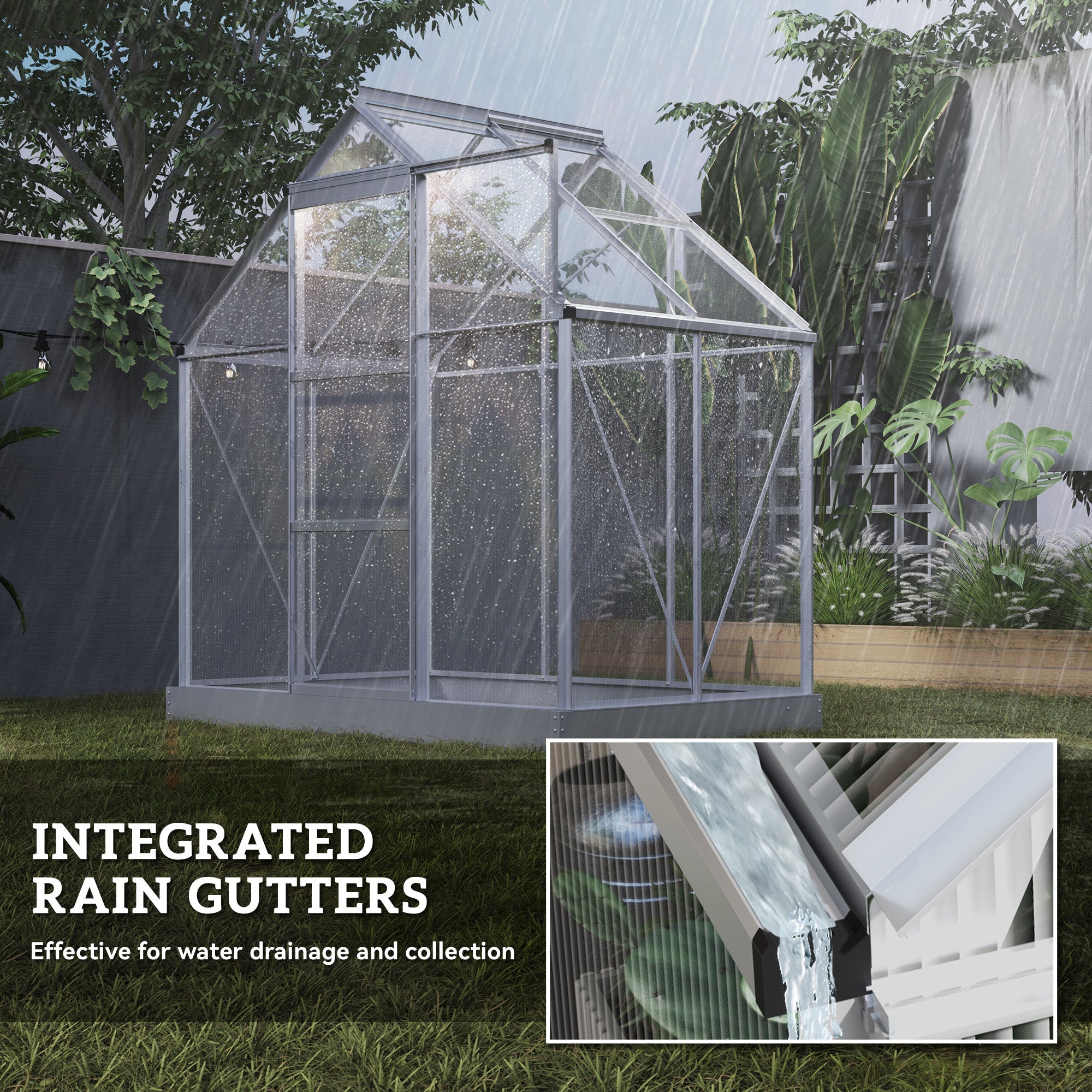 Outsunny Walk-In Greenhouse 6' x 4' Polycarbonate Aluminium Frame Sliding Door Window Foundation Silver 