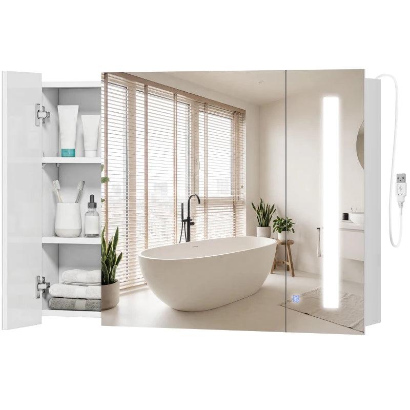 Medicine Cabinet with Mirror, Wall Mounted Bathroom Mirror Cabinet with Adjustable Shelf, USB Charge, High Gloss White