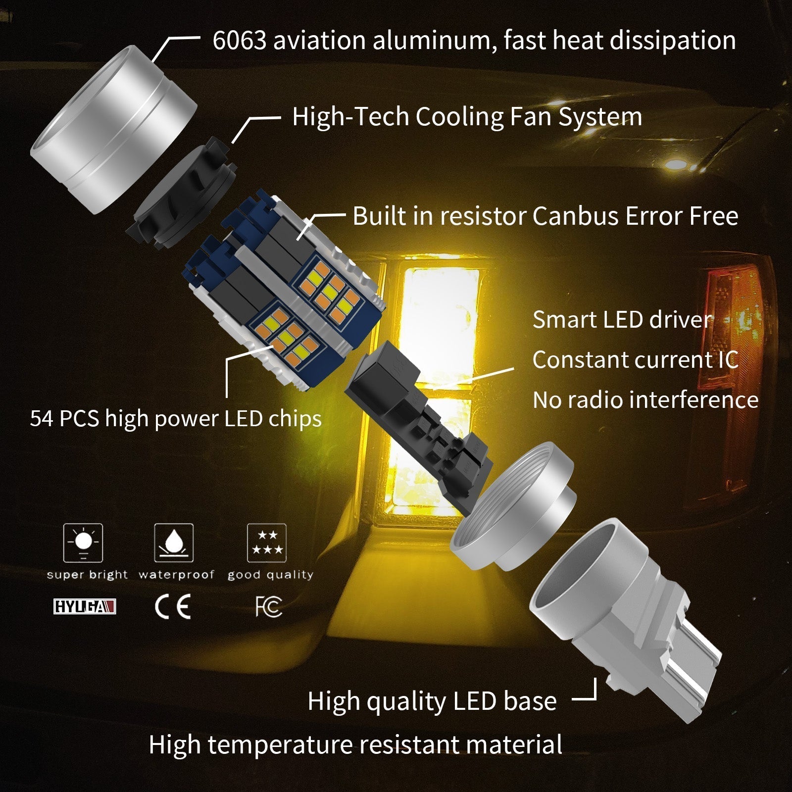 7443 7444 T20 LED Turn Signal Light Anti Hyper Flash CANBUS Error Free Switchback Dual Color Bulb White Amber | G54 Series HYUGA (Pack of 2) 