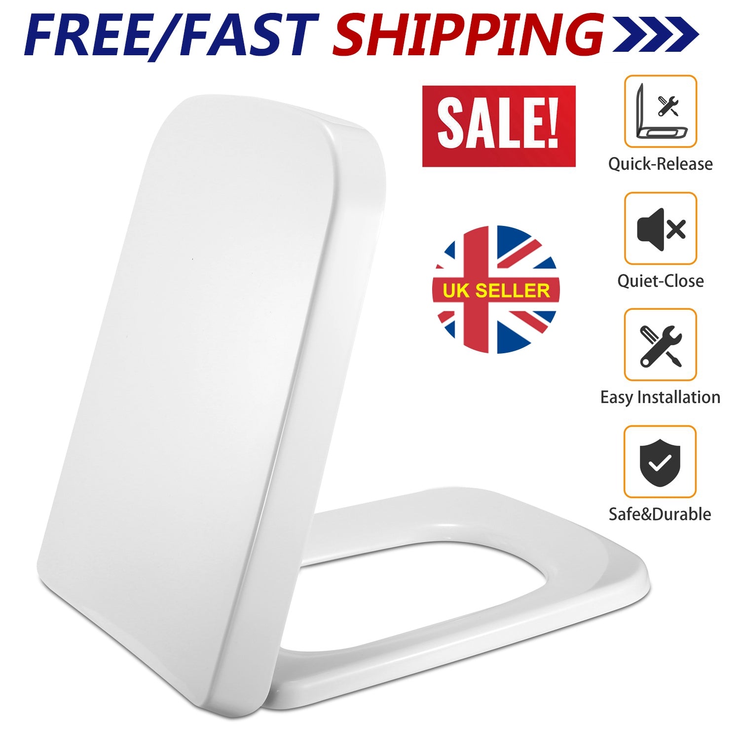 Square Toilet Seat with Grip-Tight Seat Bumpers Heavy-Duty Quiet-Close Quick-Release Easy Cleaning White UK