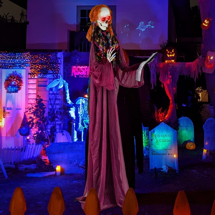 6 Feet Halloween Animatronic Standing Girl Holding Book with Sound-Activated Light-up Eyes and Moving Arms & Head