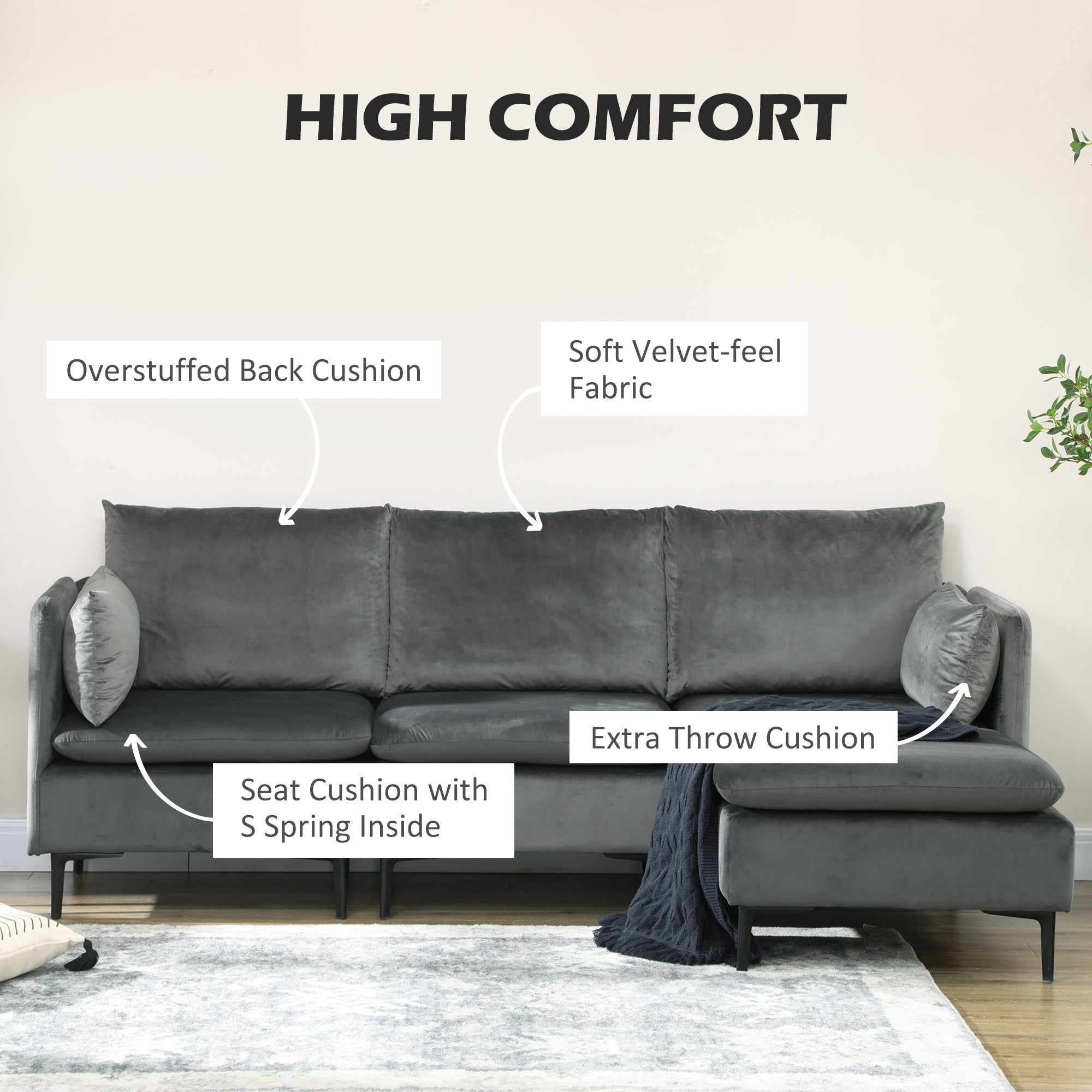 HOMCOM Convertible L-Shaped Sectional Sofa: 3 Seater Couch with Reversible Ottoman for Living Room, Grey 
