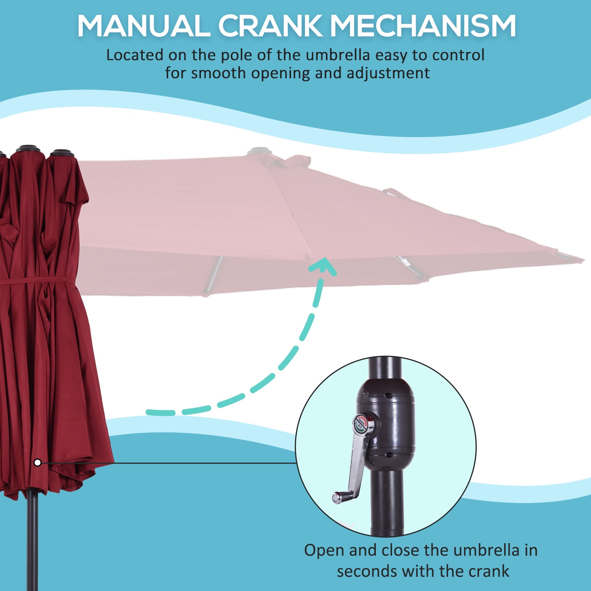 Outsunny 15' Double Canopy Patio Umbrella Sunshade Steel w Lift Crank Wine Red 