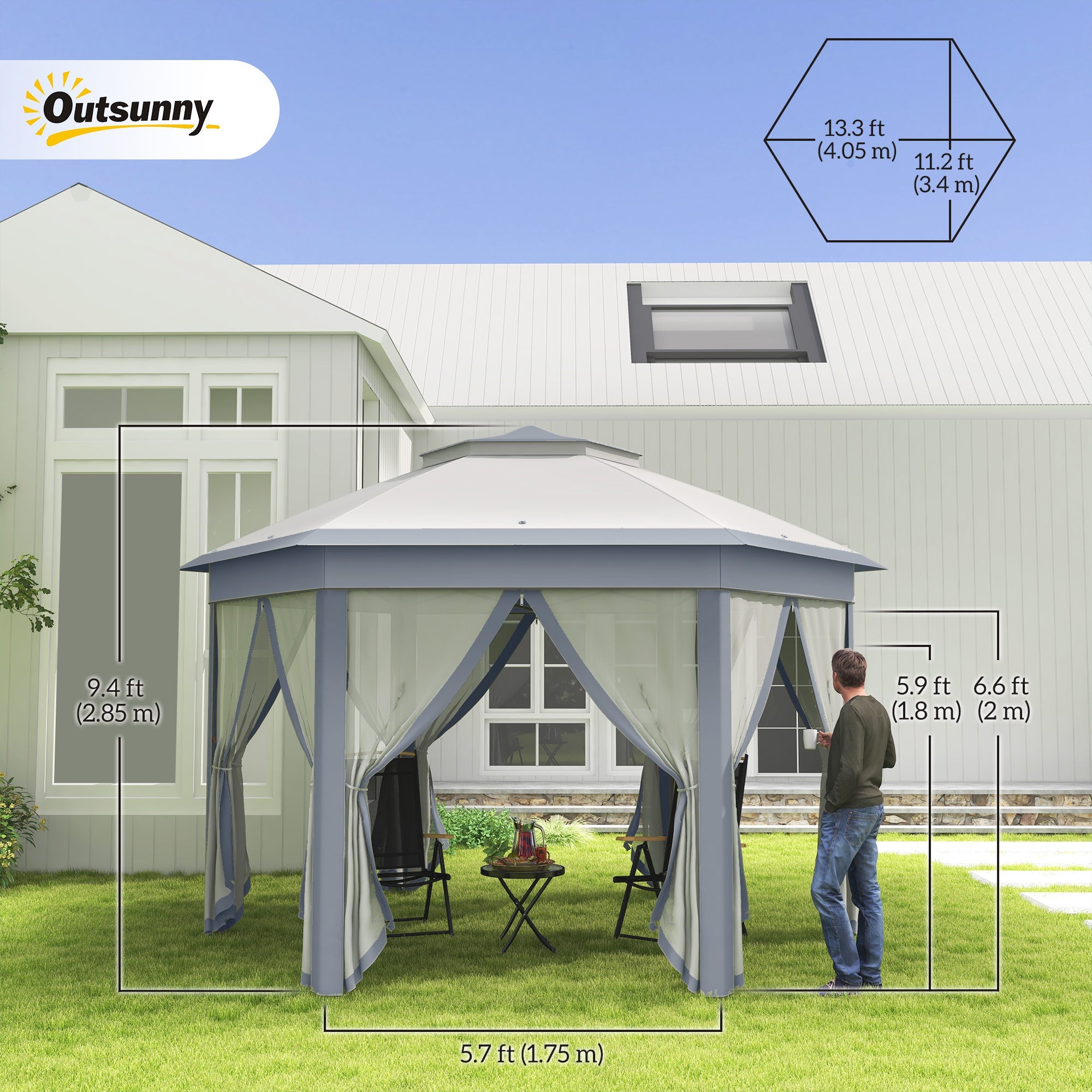 Outsunny Pop Up Hexagon Patio Gazebo 13x13ft Double Roof Outdoor Instant Shelter Garden with Netting Grey 