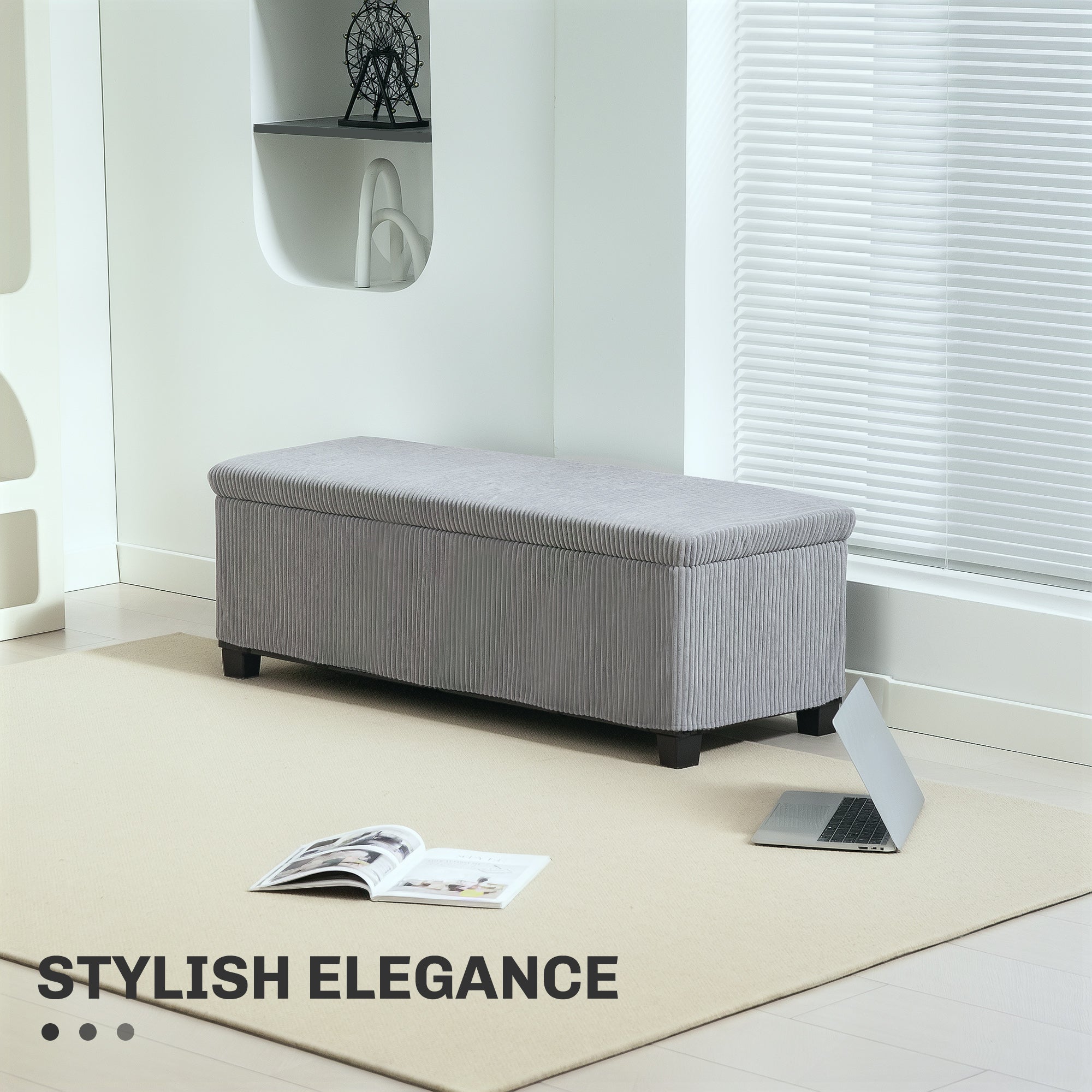 HOMCOM 44 Inches Ottoman with Storage, Lid, Legs, Corduroy End of Bed Bench for Living Room, Bedroom, Entryway, Light Grey 