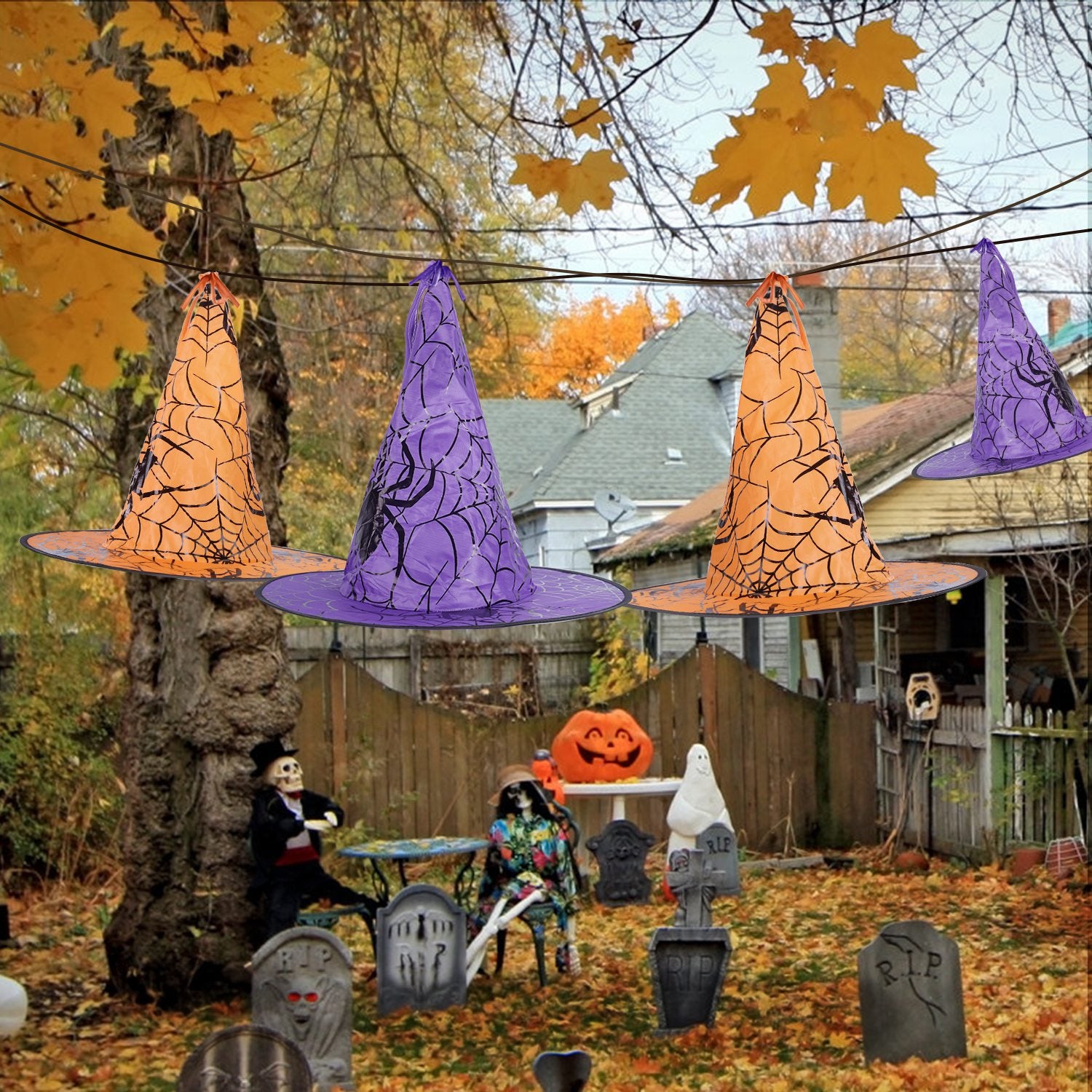 8 Pack 13FT Witch Hat Hanging String LED Light Halloween Decoration Battery Powered Remote Control 8 Lighting Modes Glowing Outdoor Indoor Halloween P