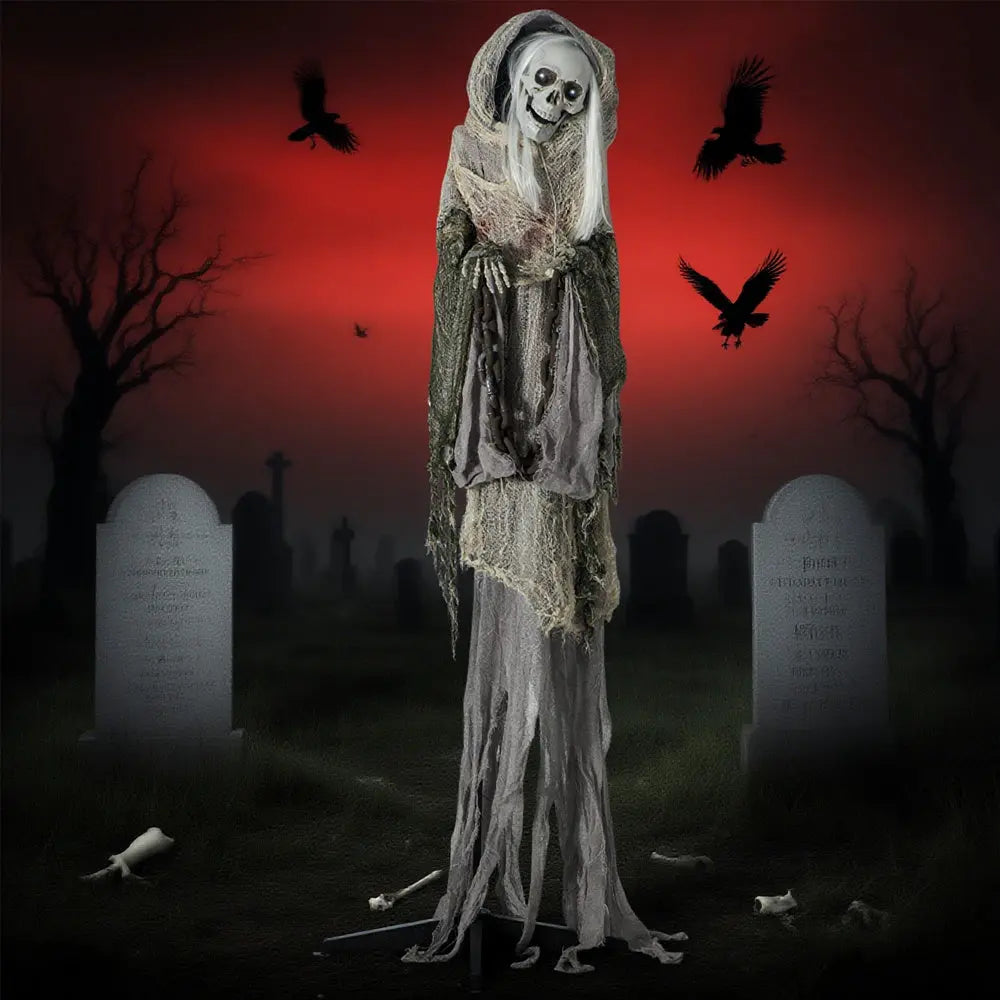 74inch Life Size Outdoor Halloween Decorations Skeleton Witch, Sound And Motion Activated Animated Prop Animatronic Decor With Light Up Eyes, Spooky Sound 