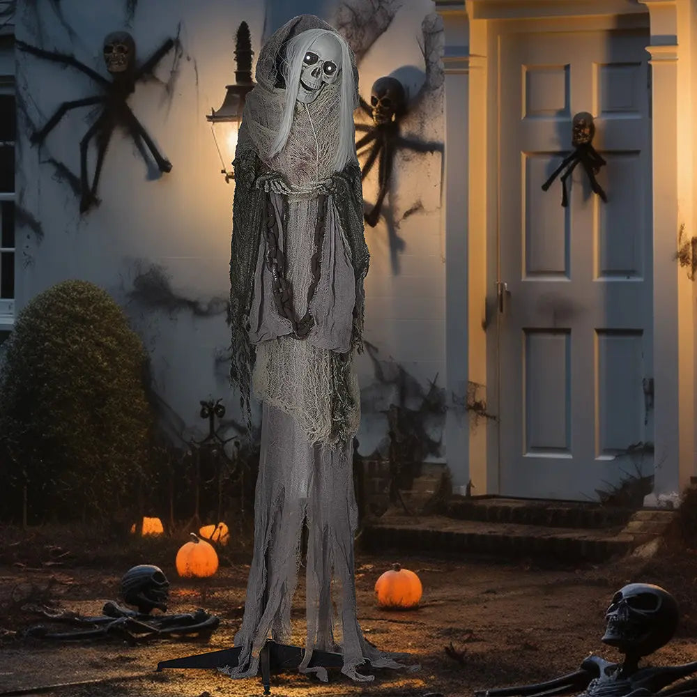 74inch Life Size Outdoor Halloween Decorations Skeleton Witch, Sound And Motion Activated Animated Prop Animatronic Decor With Light Up Eyes, Spooky Sound 