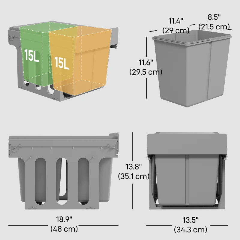 Pull Out Bin with Dual 4-Gallon Removable Compartments, Under Sink Garbage Can with Soft-Close Slides, Light Grey