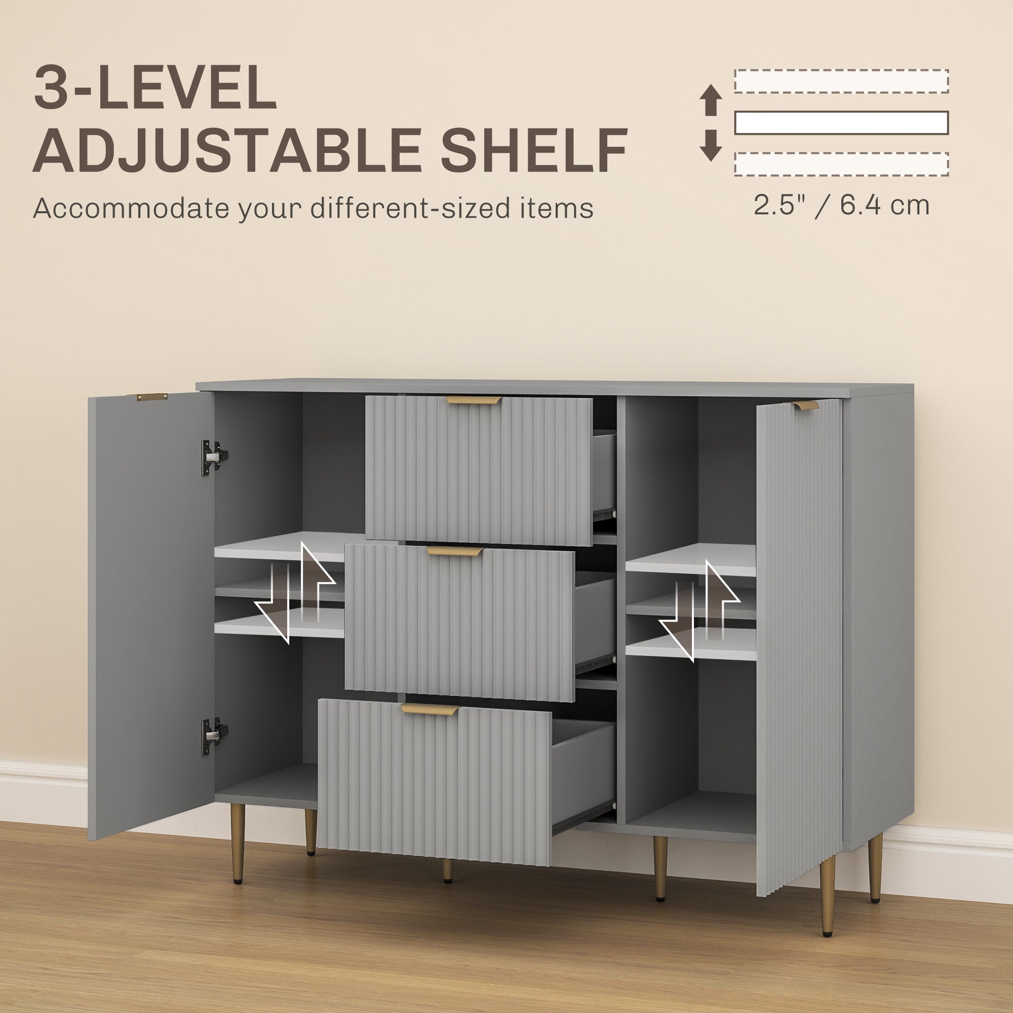 HOMCOM Modern Kitchen Storage Cabinet, Sideboard Buffet Cabinet w/ 3 Drawers and Adjustable Shelves for Kitchen Hallway, Grey 