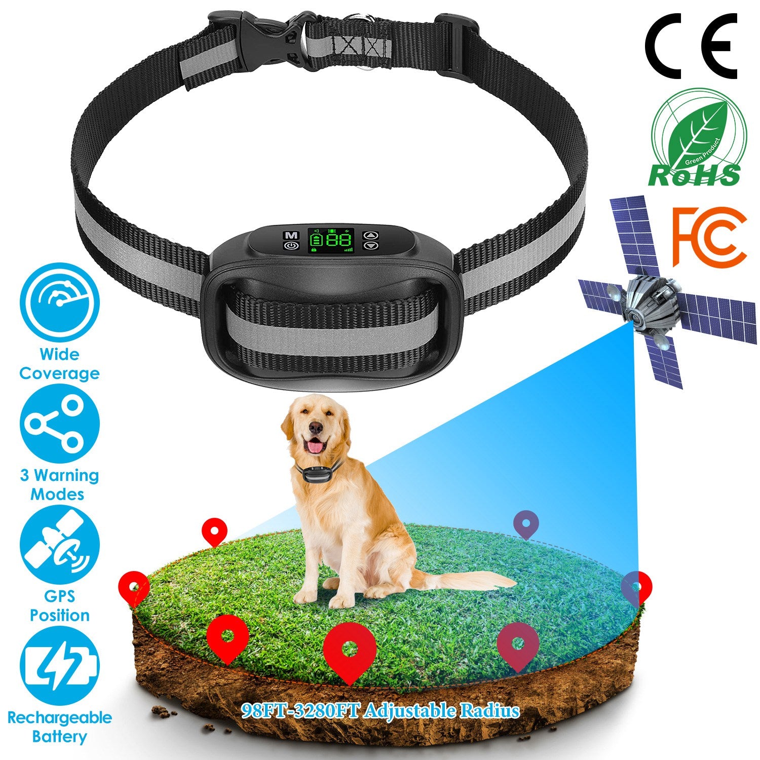 Wireless GPS Dog Fence Rechargeable IPX7 Waterproof Electric Dog Collar 98-3280FT Radius Pet Containment System Outdoor for Small Medium Large Dogs