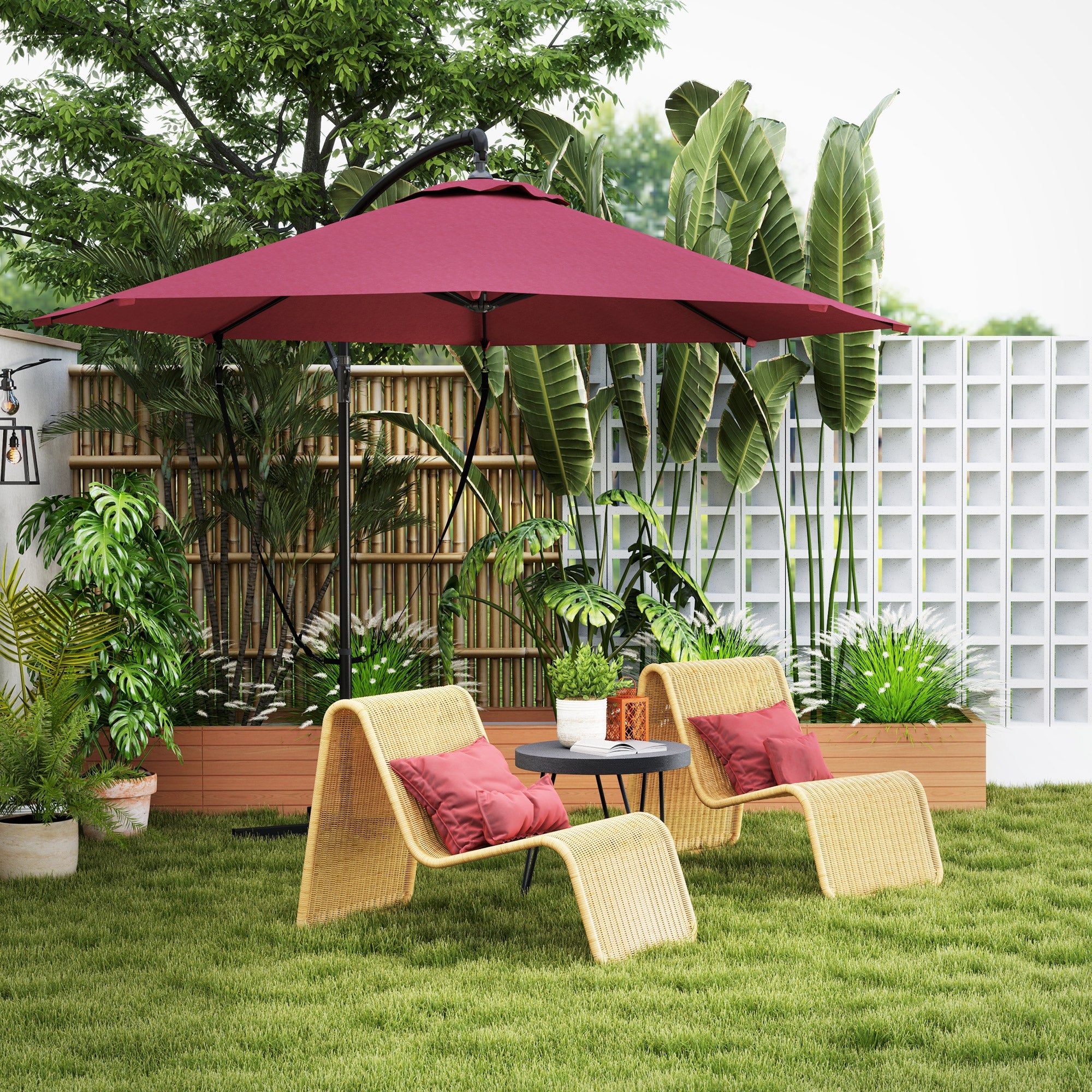 Outsunny 9.5' Cantilever Umbrella with Wind Protection Strap and Cover, Hanging Umbrella with Crank and Cross Base, UPF 50+, Red 