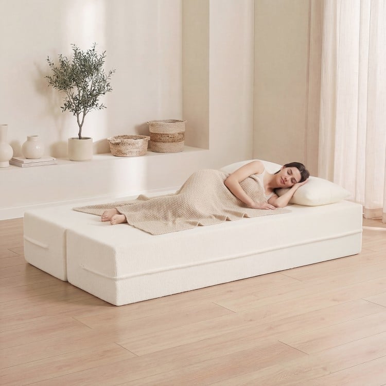 75.5 inch Folding Sofa Bed 2-in-1 Convertible Teddy Fleece Floor Loveseat with 2 Comfortable Pillows-Beige