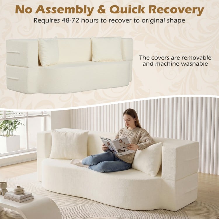 75.5 inch Folding Sofa Bed 2-in-1 Convertible Teddy Fleece Floor Loveseat with 2 Comfortable Pillows-Beige