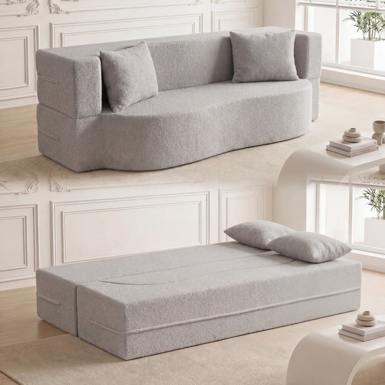 75.5 inch Folding Sofa Bed 2-in-1 Convertible Teddy Fleece Floor Loveseat with 2 Comfortable Pillows-Gray