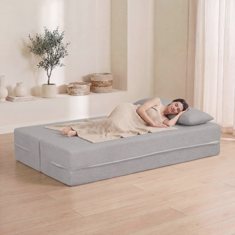 75.5 inch Folding Sofa Bed 2-in-1 Convertible Teddy Fleece Floor Loveseat with 2 Comfortable Pillows-Gray