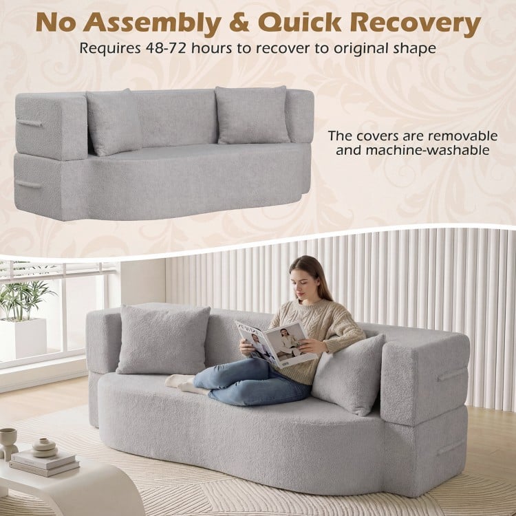 75.5 inch Folding Sofa Bed 2-in-1 Convertible Teddy Fleece Floor Loveseat with 2 Comfortable Pillows-Gray
