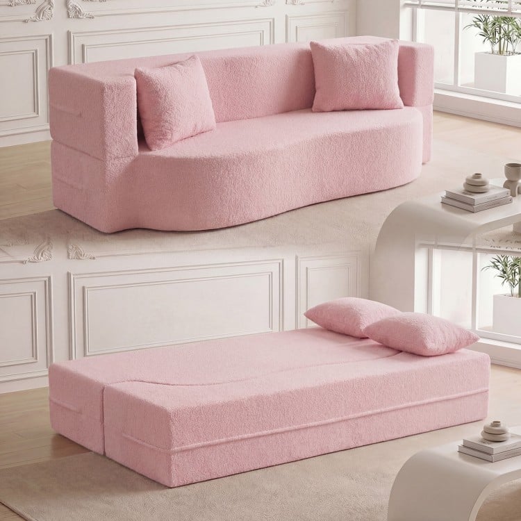 75.5 inch Folding Sofa Bed 2-in-1 Convertible Teddy Fleece Floor Loveseat with 2 Comfortable Pillows-Pink