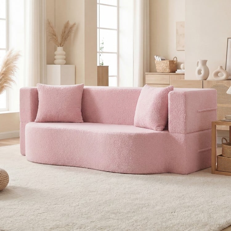75.5 inch Folding Sofa Bed 2-in-1 Convertible Teddy Fleece Floor Loveseat with 2 Comfortable Pillows-Pink