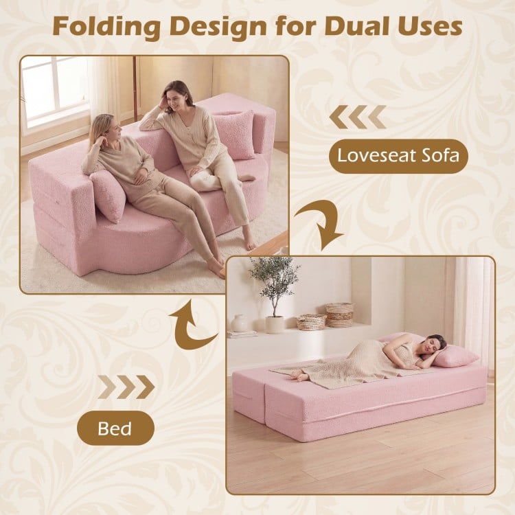75.5 inch Folding Sofa Bed 2-in-1 Convertible Teddy Fleece Floor Loveseat with 2 Comfortable Pillows-Pink